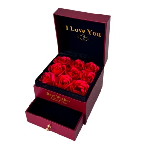 Cutie cu sertar Wenderfull, mesaj text "I Love You", noua trandafiri de sapun, in punga cadou, Bordo - Img 2