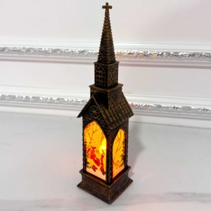 Decoratiune Capela luminoasa Church and Night cu lumina LED si Mos Craciun cu sacul plin, Maro, 21X5X5 cm - Img 3