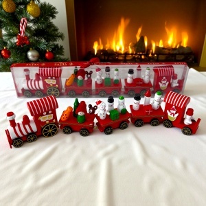 Decoratiune de Craciun din lemn, trenulet cu personaje festive, Rosu, 39 cm - Img 2