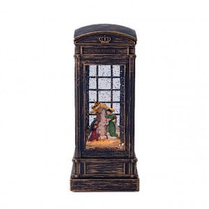 Decoratiune de Craciun, felinar in forma de cabina telefonica, luminos si muzical, cu scena nasterii lui Iisus, USB inclus, 21 x 9 x 9 cm