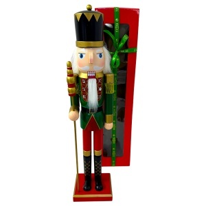 Decoratiune de Craciun, Spargatorul de Nuci cu sceptru, in uniforma festiva, Verde-Rosu-Negru, 60cm
