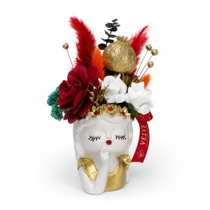 Decoratiune din ceramica, Fata Visatoare, cu begonie de lemn rosu burgund si flori criogenate, Auriu, 21x6 cm - Img 2