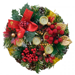 Decoratiune "Lumina Festiva" tip coronita din brad cu suport pentru 4 lumanari, 22 cm