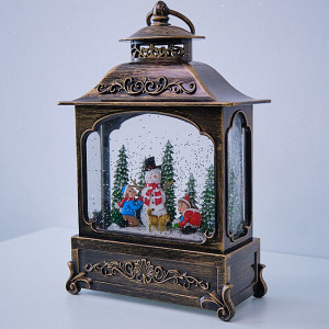 Decoratiune luminoasa cu tematica de Craciun in forma de felinar, muzical, cu doi copii, un om de zapada si un caine, Maro Vintage