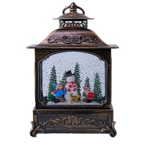 Decoratiune luminoasa cu tematica de Craciun in forma de felinar, muzical, cu doi copii, un om de zapada si un caine, Maro Vintage