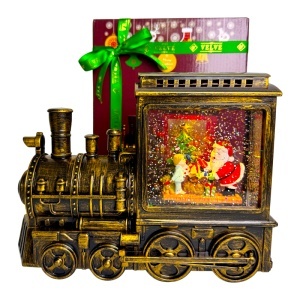 Decoratiune muzicala si luminoasa de Craciun, tip locomotiva, cu zapada in miscare si lumina calda, 18x23 cm, Auriu-Negru