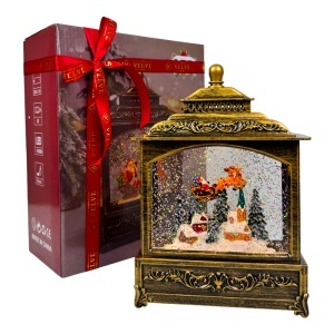 Decoratiune muzicala si luminoasa, Felinar Vintage, cu Mos Craciun si sania trasa de reni, lumini calde si zapada in miscare, USB inclus, 20x14 cm - Img 2