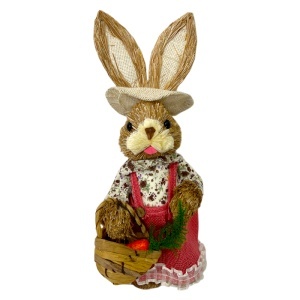 Decoratiune pentru Paste, iepuras rustic cu cosulet, din paie si textil, 38 cm - Img 2