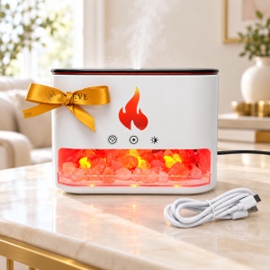 Difuzor de aromaterapie cu efect de flacara, cristale de sare si iluminare LED in 4 culori, Alb - Img 3