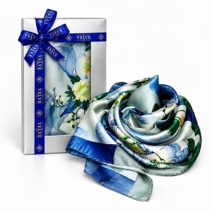 Esarfa premium dama cu imprimeu botanic, 70 x 70 cm, Bleu-Verde