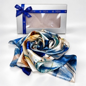 Esarfa premium dama cu imprimeu floral abstract, 70 x 70 cm, Albastru - Img 3