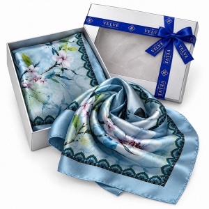 Esarfa premium dama cu imprimeu floral delicat, 70 x 70 cm, Bleu - Img 3