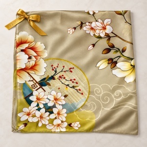 Esarfa premium dama cu motive florale, 70 x 70 cm, Bej auriu - Img 2