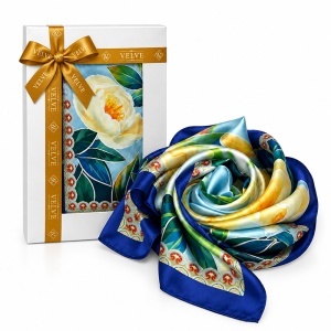 Esarfa premium dama cu motive florale, 70 x 70 cm, Bleumarin