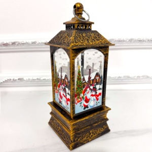 Felinar luminos decorativ Light and Magic, cu LED si peisaj de iarna, Mos Craciun cu Om de Zapada, Maro, 21X8X8 cm