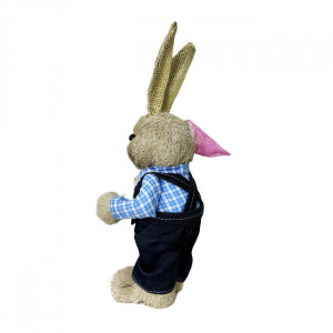 Figurina decorativa din paie, Iepuras Yvan, cu salopeta si camasuta, 33 cm, Albastru1