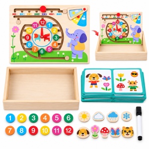 Joc educativ multifunctional din lemn, cu ceas, calendar, vreme, puzzle si cartonase - Img 3