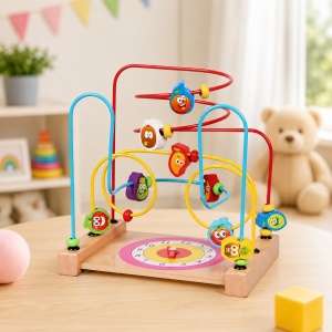 Labirint educational din lemn cu fructe, ceas si margele, multicolor, 3+ ani - Img 3