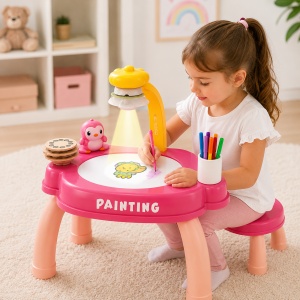 Masuta de desen cu proiector pentru copii, Painting Projector, cu markere si sabloane, roz - Img 2