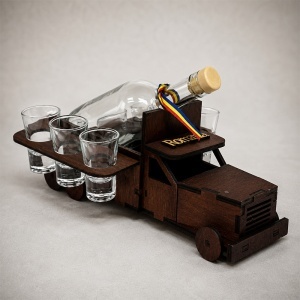 Minibar din lemn in forma de camion, cu sticla 700 ml si 6 pahare, Maro inchis - Img 3
