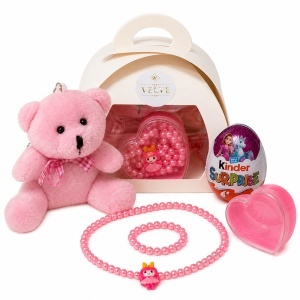 Pachet cadou fetite cu ursulet de plus, set de bijuterii in cutie si ou ciocolata Kinder Surprise, Roz