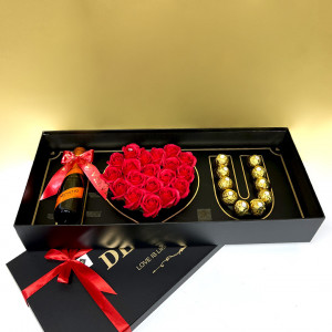 Pachet cadou I Love you, ce contine 19 trandafiri de sapun, Proseco Mionetto Orange 200ml si praline Ferrero Rocher, Negru-Rosu1
