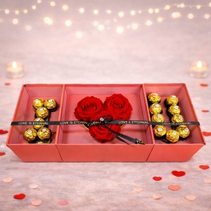 Pachet cadou I Love you, cu 3 trandafiri criogenati si 15 praline Ferrero Rocher, Roz