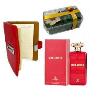 Pachet cadou pentru femei TravelHome, agenda cu cod, Parfum Grandeur Elite 100ml si flori uscate parfumate