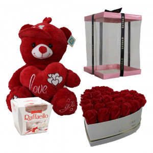Pachet cadou pentru indragostiti, Bady, ursulet de plus cu sunet/mesaj de iubire, 40 cm, aranjament floral cu 31 trandafiri de sapun si praline Raffaello 150g, ambalate in cutie cadou2