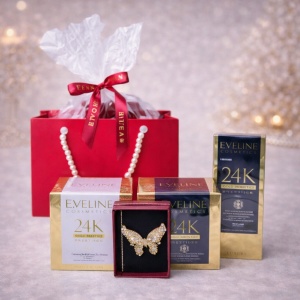 Pachet cadou Tenderness, cu brosa martisor fluture, crema de zi si crema de noapte Antirid Eveline Prestige Snai l& Caviar 50 ml, ser de fata Eveline Prestige Snail&Caviar, in punga eleganta tip poseta, Rosu Gold