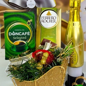 Pachet Christmas Delight, cafea Doncafe Selected, ciocolata Ferrero Rocher, Bottega Gold 200 ml si Sanie Decorativă 15x10 cm, in punga cadou - Img 4