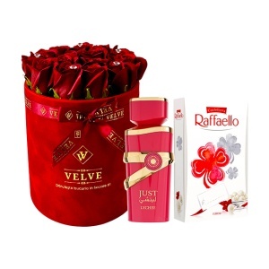 Pachet Crystal Beauty cu aranjament floral din 15 trandafiri rosii de sapun, parfum arabesc Just Lychee Fragrance Wor 100 ml si praline Raffaello
