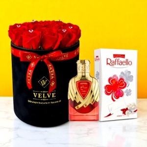 Pachet Crystal Beauty, cu aranjament floral, parfum arabesc Extrait de parfum Samah Ruby, Riiffs, Unisex 100 ml, praline Raffaello 80g, Rosu - Img 4