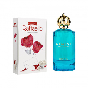 Pachet dama VLV, Aranjament floral cu trandafiri de sapun, in cutie mov de catifea, parfum Riiffs Gemini Pour Femme si praline Raffaello, Bleu