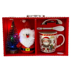 Pachet de Craciun, cu decoratiune si set ceramic pentru servirea cafelei, in cutie cu tematica, Model I, 29x17x89 cm