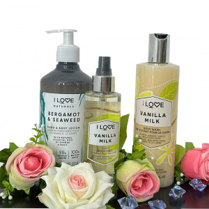 Pachet GiftDay, Lotiune Hidratanta de maini si corp I Love 500ml, Gel de dus I Love 375ml, Spray de corp I Love 150ml si aranjament floral - Img 6