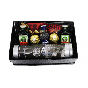 Pachet GiftDay pentru barbati, Parfum PcDesign Cuba Gray 100ml, arahide Mogyi, doua sticle de Jagermeister de 40ml, o sticla de vodka Finlandia 40ml si Praline Ferrero, in cutie neagra, 21x14x9 cm