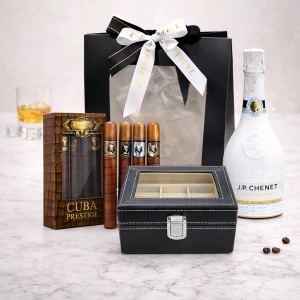 Pachet GiftDay pentru barbati, vin spumant JP Chenet Ice Edition 750ml, cutie pentru ceasuri si set de 4 parfumuri Cuba Original, in punga cadou
