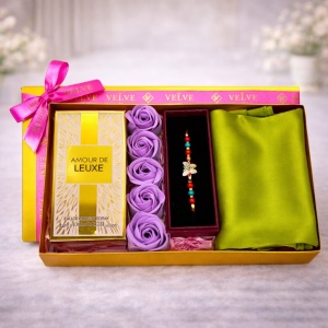 Pachet Lady, parfum arabesc, apa de parfum Amour De Leuxe femei 50 ml, trandafiri din sapun, esarfa dama, bratara cu snur, Mov