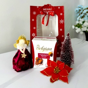 Pachet Merry Christmas, cu praline Belgian, brad decorativ, ornament ingeras si craciunita, ambalate in punga cu imprimeu de iarna
