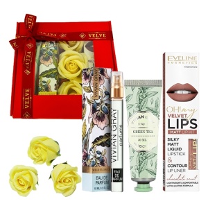 Pachet Scarf, cu 3 trandafiri de sapun, parfum 10ml, ruj mat si crema de maini 30ml, Vivian Gray, Rosu