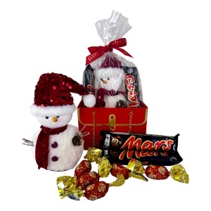 Pachet Secret Santa, pentru copii, cu Om de zapada si dulciuri, in punga cadou