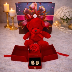 Pachet Special Valentine cu ursulet de plus, cutie cu sertar, trandafir de sapun și cercei cu zirconiu