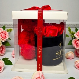 Pachet Special Valentine, ursulet Tommy 20 cm si aranjament cu 7 trandafiri de sapun, in cutie eleganta - Img 3