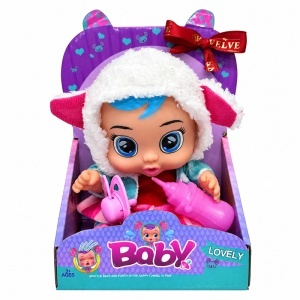 Papusa bebelus Baby Lovely cu sunete, biberon si suzeta, costum cu gluga si urechiuse, 3 ani+