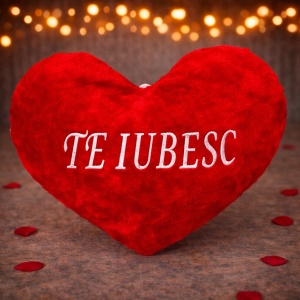 Perna brodata in forma de inima cu mesaj "TE IUBESC" supradimensionat, textura pufoasa, 25x35, Rosu-Alb - Img 1
