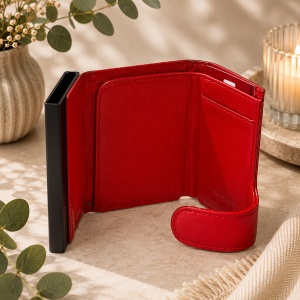 Portcard unisex Hassion din piele naturala, 9x7x2cm, Rosu - Img 3