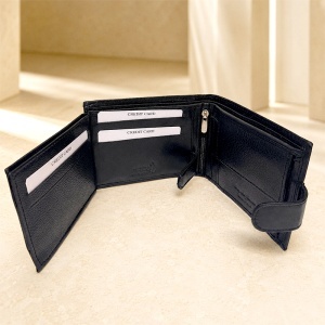 Portofel premium pentru barbati Regalo Reale din piele naturala, cu protectie RFID impotriva clonarii cardurilor, design trifold, Negru, 12x10 cm - Img 3
