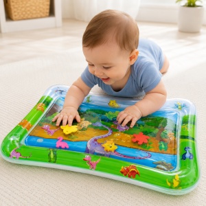 Saltea senzoriala de joaca cu apa pentru bebelusi, cu dinozauri, verde, 70x50 cm - Img 3
