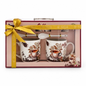 Set 2 cani din ceramica cu farfurioare si lingurite asortate, in cutie stilizata
